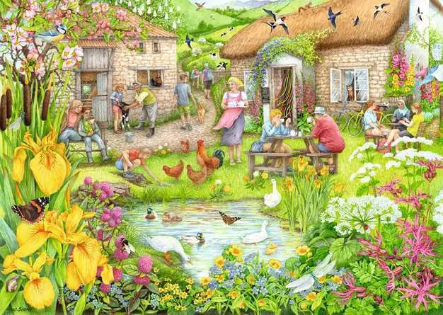Ravensburger Cosy Café No 3 Valley Cafe Farm 1000 piece jigsaw puzzle artwork close up showing the thatched café, pond, ducks, chickens and people in a garden setting
