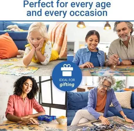 Ravensburger Country Cottage puzzle lifestyle graphic showing adults and children completing jigsaw puzzles with an ideal for gifting badge