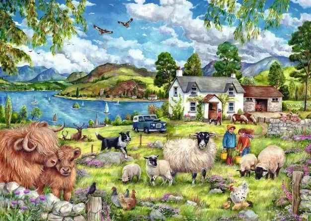 Ravensburger Country Farm 1000 Piece puzzle artwork showing Highland cattle, sheep, chickens, sheepdogs and a farmhouse beside a lake