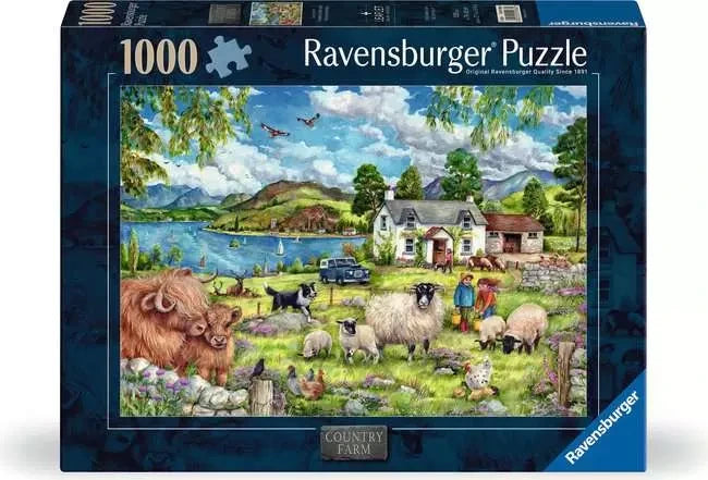 Ravensburger Country Farm 1000 Piece Jigsaw Puzzle retail box showing the countryside farm artwork