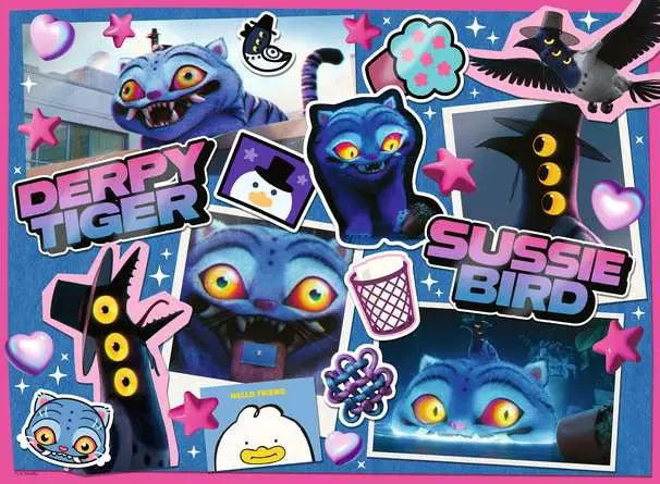 KPop Demon Hunters sticker style collage showing Derpy Tiger, Sussie Bird and cartoon cat faces