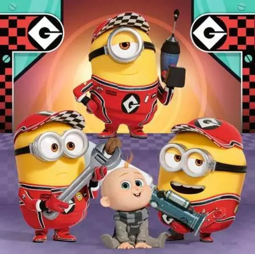 Ravensburger Despicable Me 4 puzzle scene with Minions in red racing outfits and a baby character