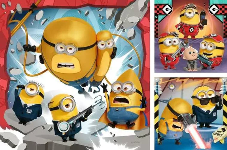 Ravensburger Despicable Me 4 image showing all three 49 piece puzzle scenes