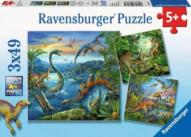 Ravensburger Dinosaur Fascination 3x49 piece puzzle box featuring colourful prehistoric dinosaur scenes