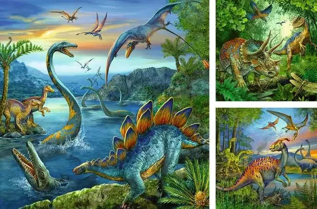 Three completed Ravensburger Dinosaur Fascination 49 piece puzzles showing vivid dinosaur landscapes