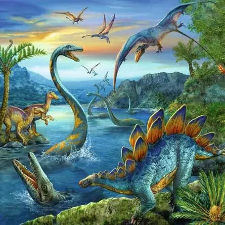 Stegosaurus and flying Pterosaurs near a lake in a bright prehistoric scene from the Ravensburger puzzle