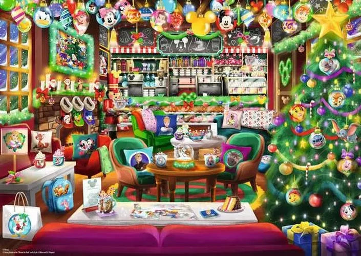 Ravensburger Disney Christmas Cafe puzzle artwork showing a festive café interior with decorated Christmas tree, Disney ornaments, cakes, drinks and colourful seating