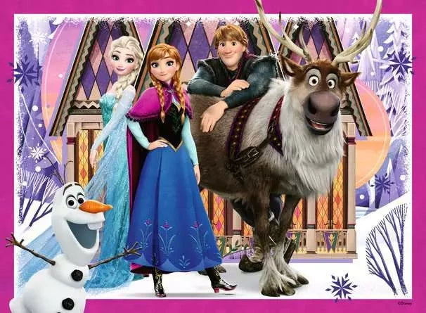 Ravensburger Disney Frozen puzzle artwork featuring Elsa, Anna, Kristoff, Sven and Olaf in a snowy scene