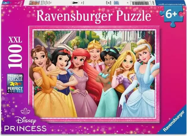 Ravensburger Disney Princess 100pc XXL puzzle packaging with bright pink design and official Disney Princess artwork