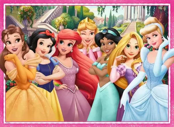 Completed Ravensburger Disney Princess 100pc XXL puzzle showing Belle, Ariel, Cinderella, Jasmine, Aurora, Rapunzel and Snow White