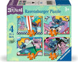 Ravensburger Disney Stitch 4 in a Box puzzle set showing Stitch and Angel across four colourful themed scenes on the packaging