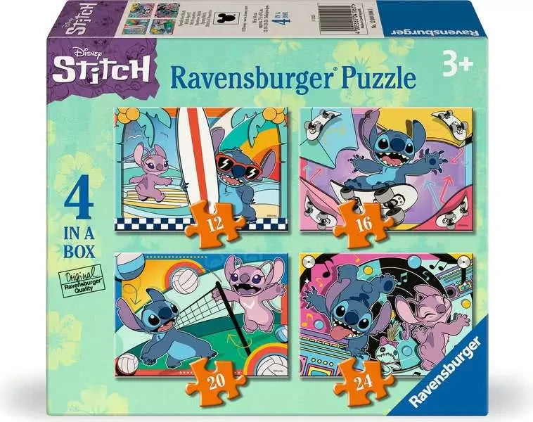 Ravensburger Disney Stitch 4 in a Box puzzle set showing Stitch and Angel across four colourful themed scenes on the packaging