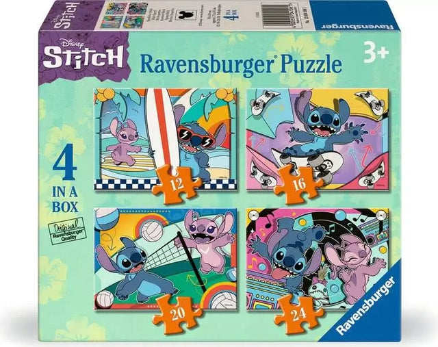 Ravensburger Disney Stitch 4 in a Box puzzle set showing Stitch and Angel across four colourful themed scenes on the packaging