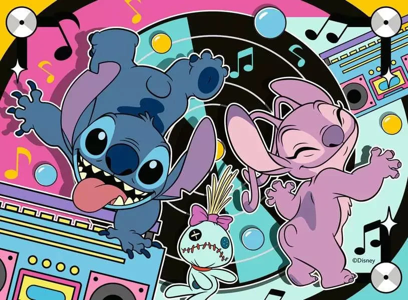 Ravensburger Disney Stitch 24 piece puzzle featuring Stitch and Angel dancing to music with speakers and notes in the background