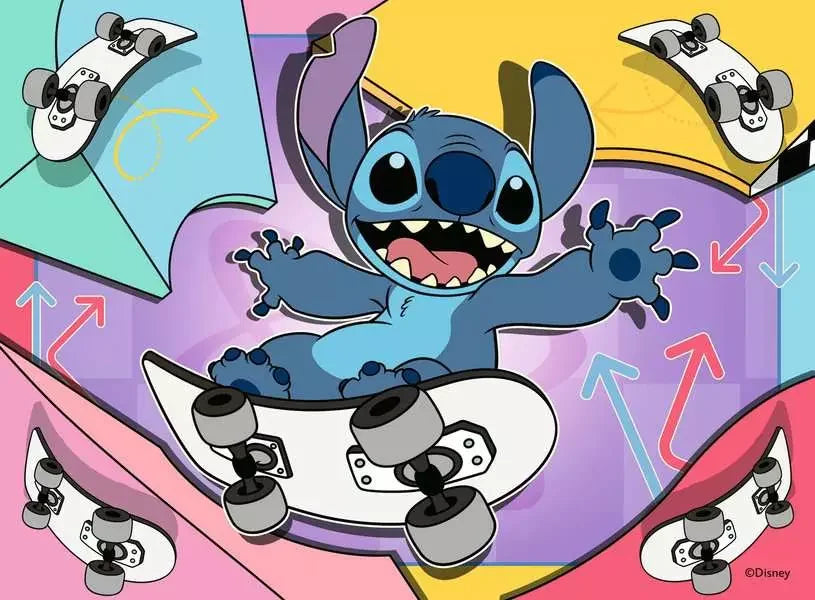 Ravensburger Disney Stitch 16 piece puzzle featuring Stitch skateboarding with playful arrows and bright pastel colours