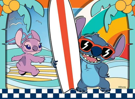 Ravensburger Disney Stitch 12 piece puzzle with Stitch and Angel surfing on a sunny tropical beach scene