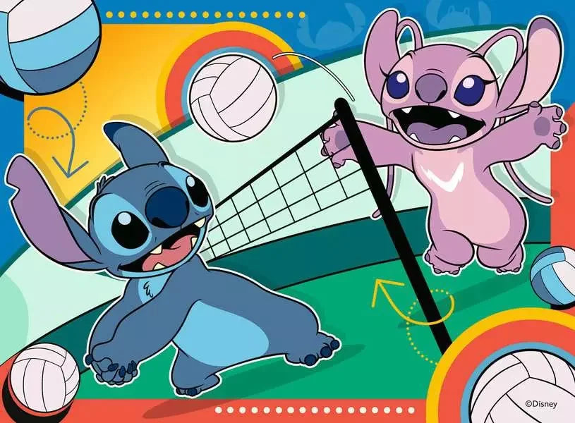 Ravensburger Disney Stitch 20 piece puzzle showing Stitch and Angel playing volleyball on a colourful court