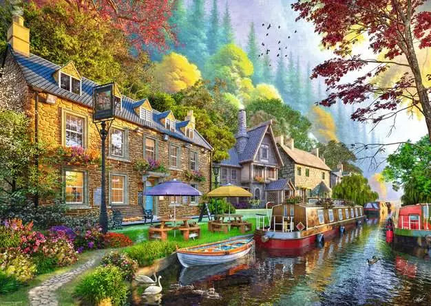 Canal side artwork showing cottages, picnic tables, flowers and narrowboats