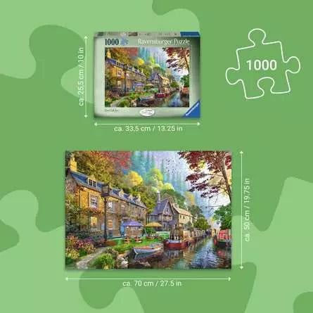 Size guide showing the Ravensburger puzzle box and completed puzzle dimensions