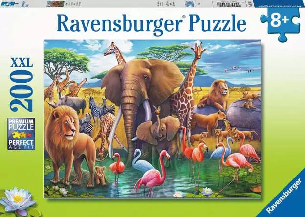 Ravensburger Exotic Safari 200 Piece XXL jigsaw puzzle box front showing elephants, giraffes, lions, zebras and flamingos at a watering hole