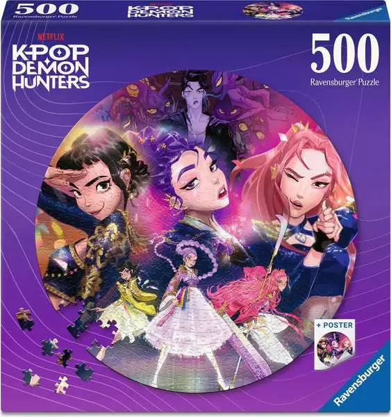 Round KPop Demon Hunters character artwork with three main characters and shadow figures in the background