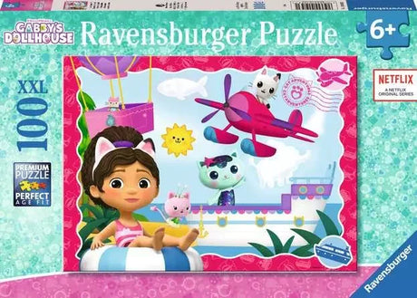 Ravensburger Gabby’s Dollhouse 100pc XXL puzzle box showing Gabby, Mercat, Pandy Paws and Kitty Fairy in colourful adventure scene