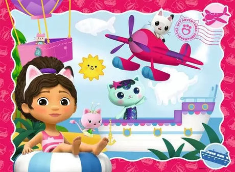 Completed Ravensburger Gabby’s Dollhouse 100pc XXL puzzle with Gabby relaxing and Pandy Paws flying a red plane over SS Mercat