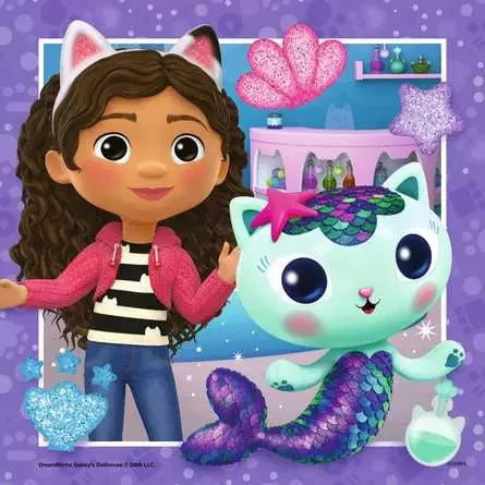 Gabby and Mercat in a glittery purple room from the Ravensburger Gabby’s Dollhouse 49 piece jigsaw puzzle