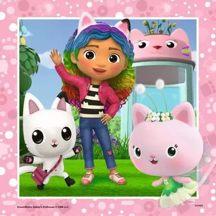 Gabby with Pandy Paws and Kitty Fairy standing outside the dollhouse in a bright sunny puzzle scene