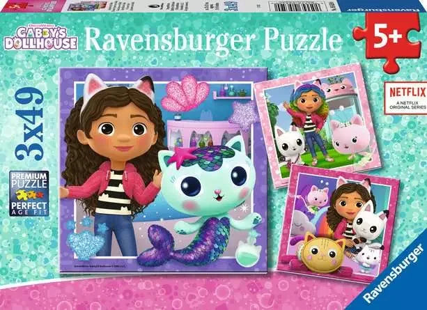 Ravensburger Gabby’s Dollhouse 3x49 piece puzzle box featuring Gabby and her cat friends from the Netflix series in bright colours