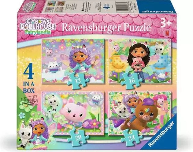 Ravensburger Gabby's Dollhouse Fairylandia 4 in a Box jigsaw packaging showing the four included designs