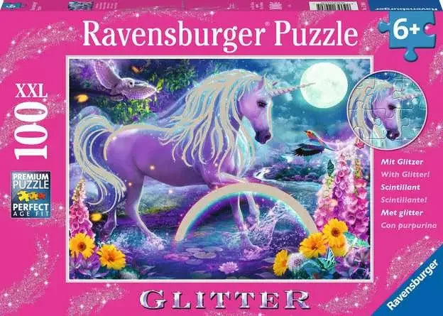 Ravensburger Glitter Unicorn 100 piece XXL jigsaw puzzle box featuring a purple unicorn and rainbow in a magical moonlit scene