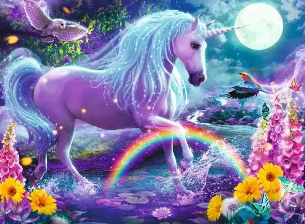 Completed Ravensburger Glitter Unicorn 100pc XXL puzzle showing a glittery purple unicorn crossing a rainbow under the moonlight