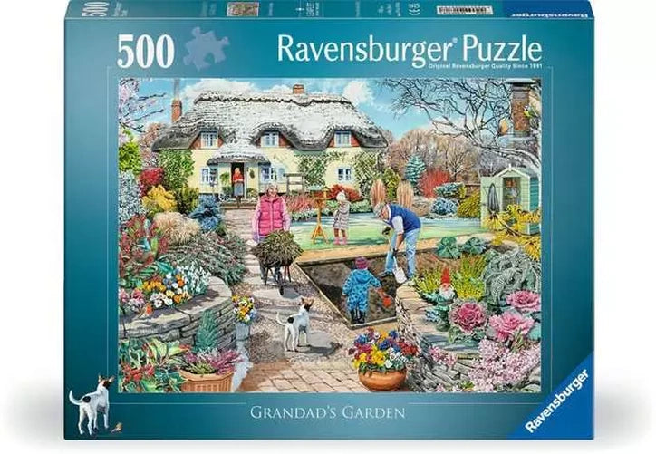 Ravensburger Grandad's Garden 500 piece jigsaw puzzle box featuring the colourful cottage garden scene with family members and dog
