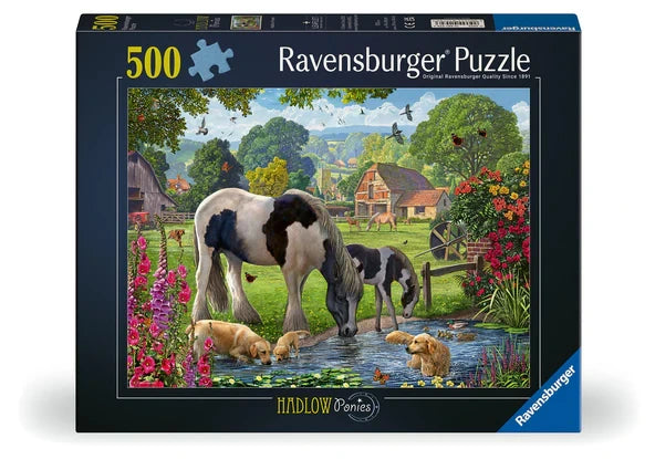 Front of the Ravensburger Hadlow Ponies 500 piece jigsaw puzzle box showing the full pony artwork