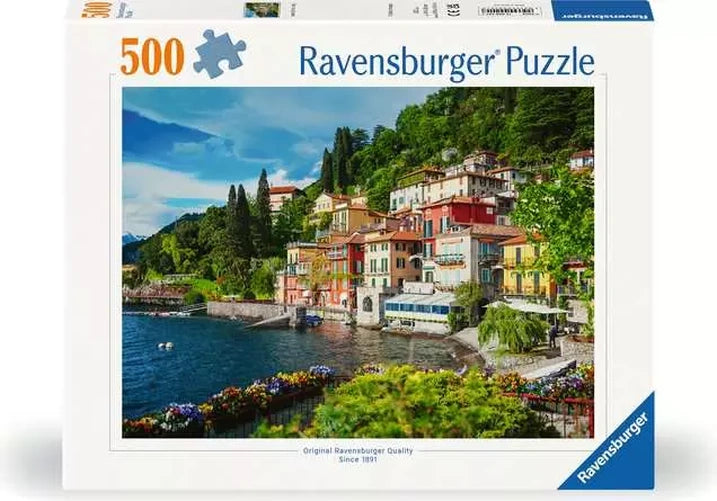 Ravensburger Lake Como Italy 500 piece jigsaw puzzle box featuring colourful lakeside buildings, green hills and blue water
