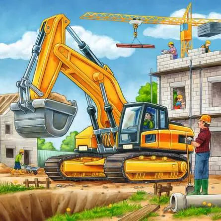Yellow excavator at a building site with a crane and construction workers