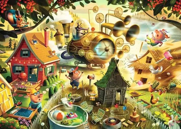 Ravensburger Look Out Little Pigs puzzle artwork showing the Three Little Pigs, the Big Bad Wolf and a comic mechanical contraption between the houses