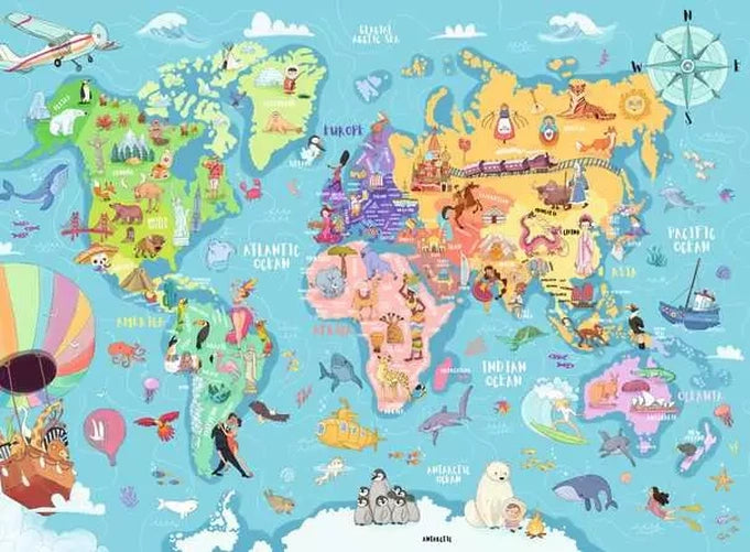 Ravensburger Map of the World puzzle artwork showing all seven continents with animals, oceans, compass and colourful illustrated landmarks