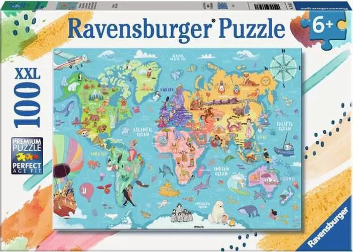 Ravensburger Map of the World 100 piece XXL jigsaw puzzle box featuring the colourful illustrated world map and 6+ age marking