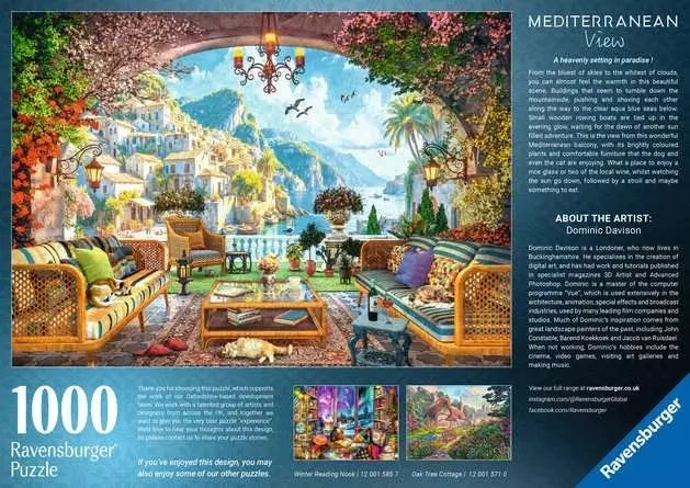 Back of the Ravensburger Mediterranean Terrace View puzzle box showing the completed artwork, product information and Dominic Davison artist details