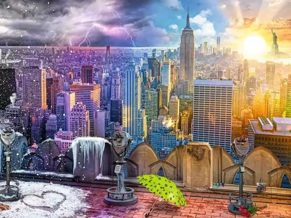 Ravensburger New York Summer and Winter puzzle artwork showing the New York skyline transitioning from a snowy winter scene to bright summer sunshine