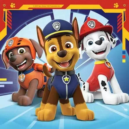 Paw Patrol jigsaw puzzle image with Chase, Marshall and Zuma posing in front of the lookout tower background