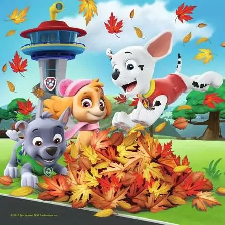 Paw Patrol jigsaw puzzle showing Marshall, Skye and Rocky playing happily in a pile of autumn leaves