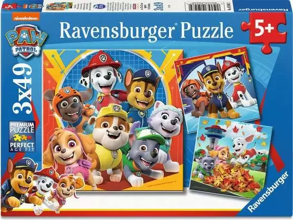Ravensburger Paw Patrol 3x49 piece puzzle box showing Chase, Marshall, Skye, Rubble, Rocky, Zuma and Everest in colourful scenes