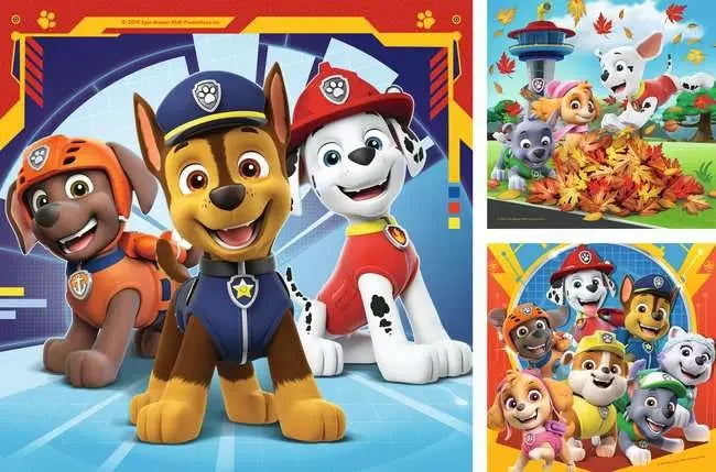 Collage of three Ravensburger Paw Patrol 49 piece puzzles featuring the whole Paw Patrol team in bright Adventure Bay settings