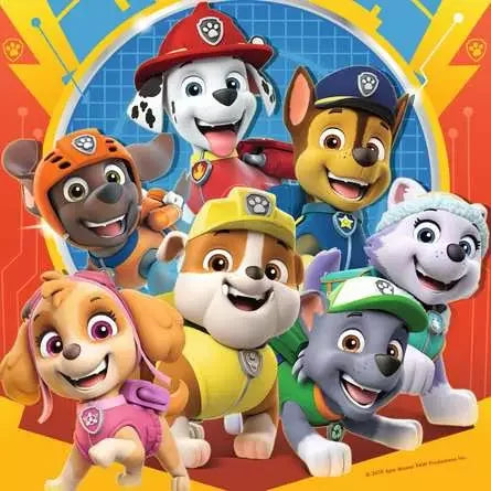 Paw Patrol puzzle group image with the full team including Chase, Marshall, Skye, Rubble, Rocky, Zuma and Everest smiling together