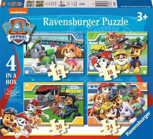 Ravensburger Paw Patrol 4 in a Box jigsaw puzzle set showing four bright rescue scenes with favourite pups on the box