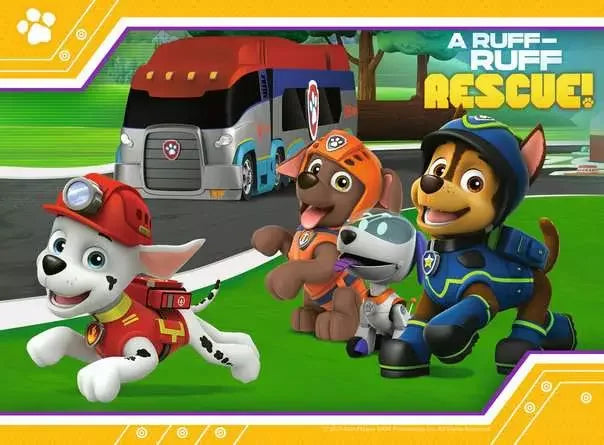 Marshall, Zuma, Rocky and Chase running beside the Paw Patrol truck in colourful A Ruff Ruff Rescue puzzle scene