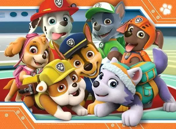 Group of Paw Patrol pups including Chase, Marshall, Rubble, Rocky, Skye, Zuma and Everest smiling together